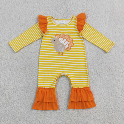 Sibling Baby Girls Long Sleeves Embroidery Turkey Pumpkins Deer Fall Ruffle Pant Rompers