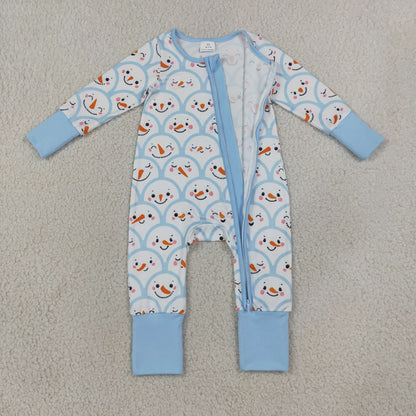 Sibling Baby Boys Blue Snowmen Christmas Pajamas Sets Zip Romper Blanked