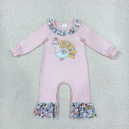 Sibling Baby Girls Long Sleeves Embroidery Turkey Pumpkins Deer Fall Ruffle Pant Rompers