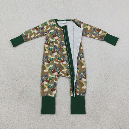 Sibling Baby Boys Green Camo Ducks Hoodie Jogger Hunting Sets Zip Romper Blanked