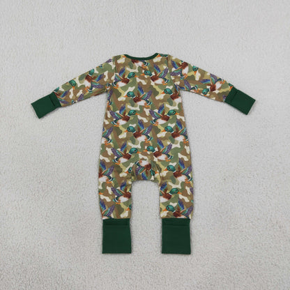 Sibling Baby Boys Green Camo Ducks Hoodie Jogger Hunting Sets Zip Romper Blanked