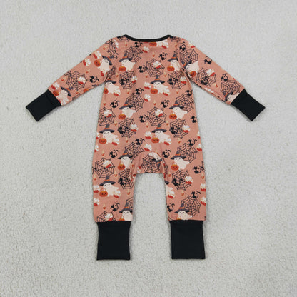 Sibling Baby Boys Spider-webs Ghost Pumpkins Halloween Button Shirt Zip Rompers