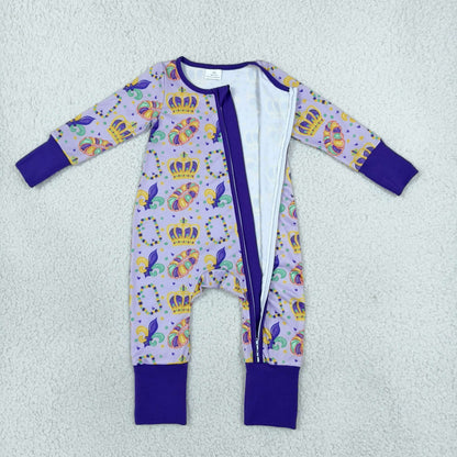Sibling Baby Boys Mardigras Anchors Crowns Pajamas Set Zip Rompers