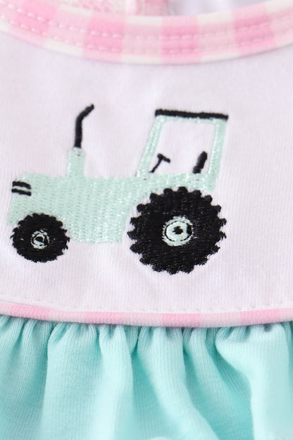 Pink tractor embroidery plaid girl bubble