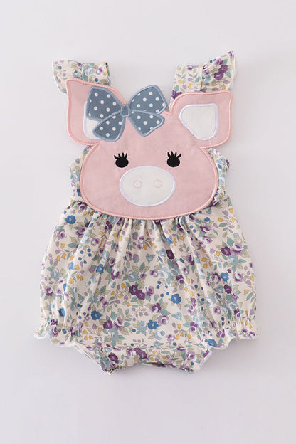 Pig floral print applique girl bubble