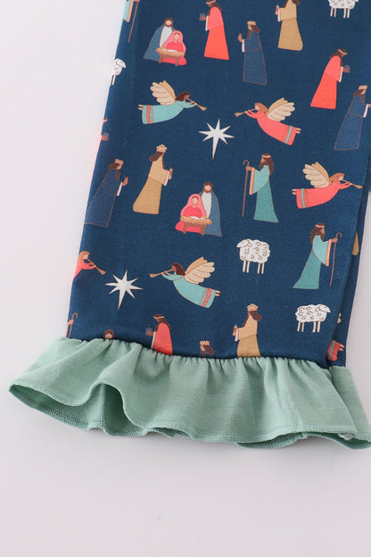 Navy nativity print ruffle pants set