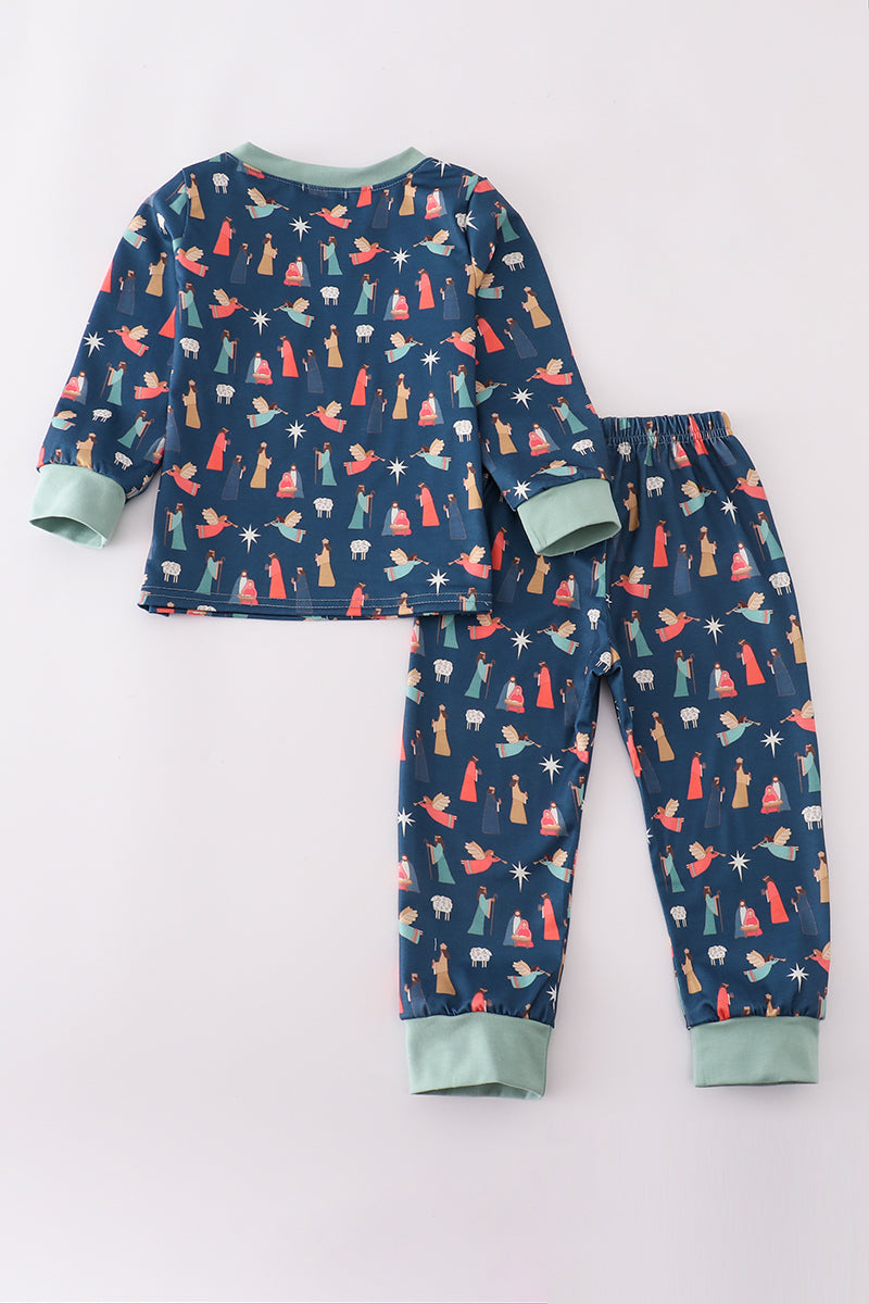 Navy nativity print pants set