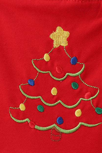 Red tree embroidery plaid jumpsuit set