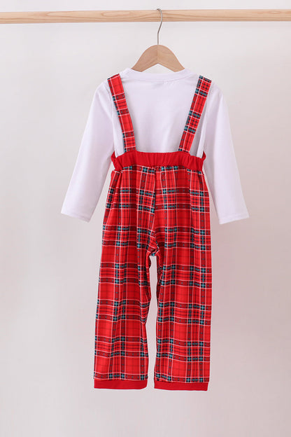 Red tree embroidery plaid jumpsuit set