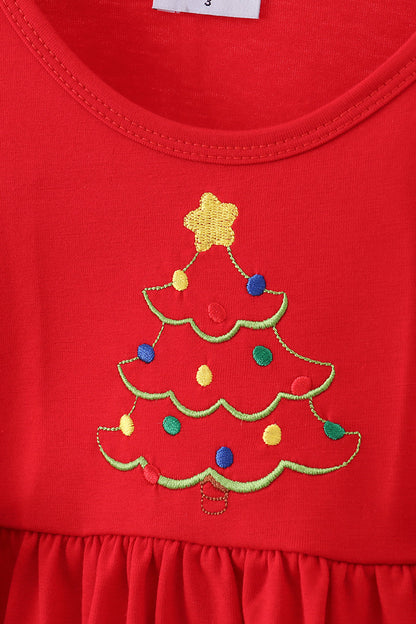 Red tree embroidery plaid bow pants set