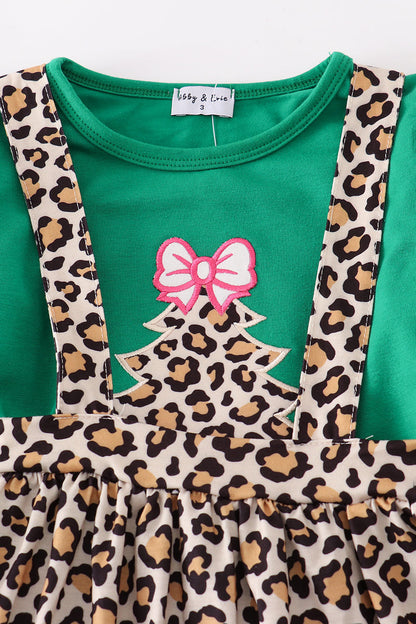 Forest tree applique leopard ruffle skorts set