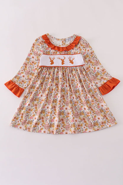 Rust flroal print deer embroidery ruffle dress