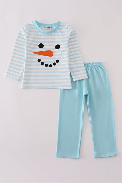 Blue snowman embroidery stripe pants set