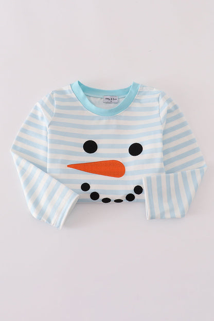 Blue snowman embroidery stripe pants set