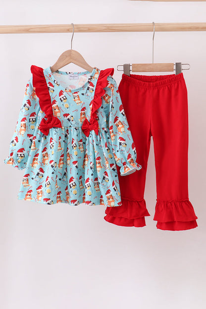 Blue christmas character print ruffle pants set
