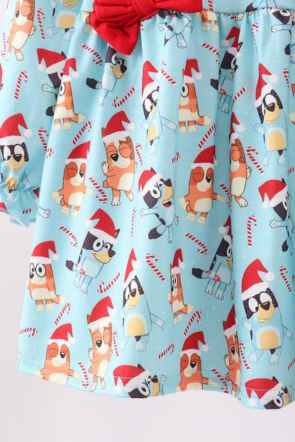 Blue christmas character print ruffle pants set