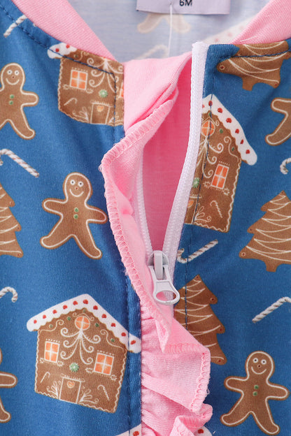 Navy gingerbread print ruffle romper