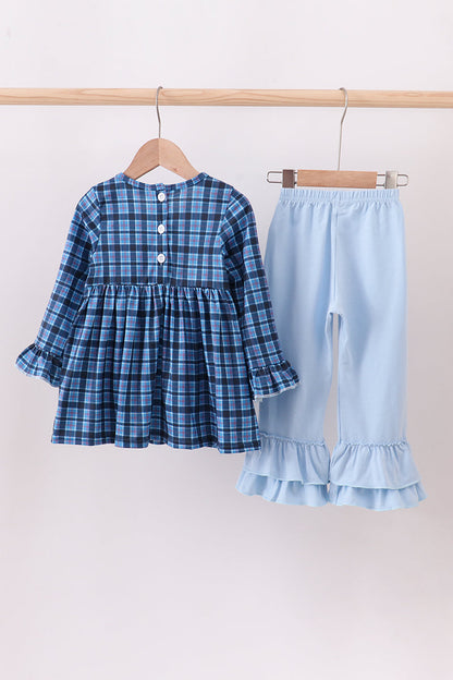 Navy nativity embroidery plaid ruffle pants set