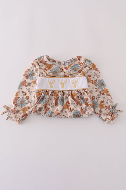 Khaki deer embroidery floral dress