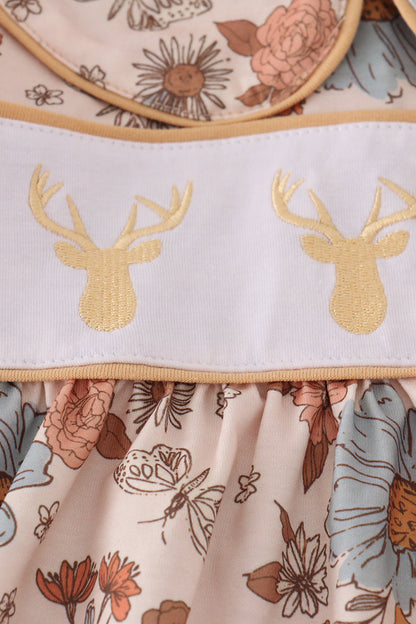 Khaki deer embroidery floral pants set