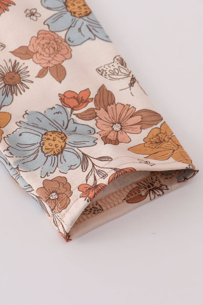 Khaki deer embroidery floral pants set