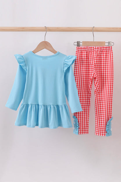 Blue deer tree santa embroidery ruffle pants set