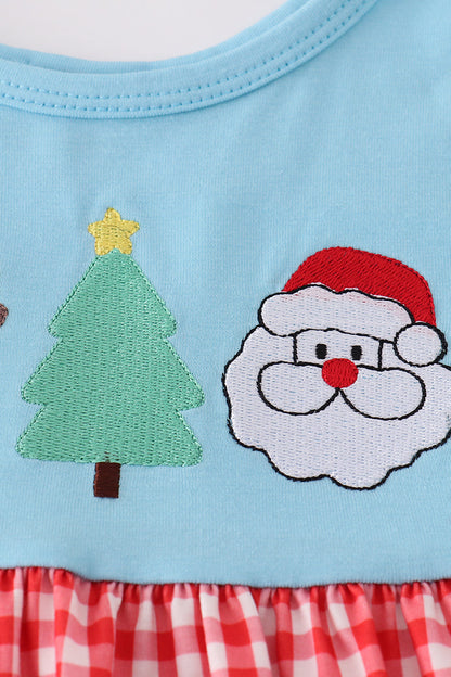 Blue deer tree santa embroidery ruffle dress