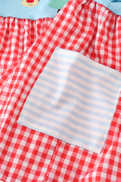 Blue deer tree santa embroidery ruffle dress