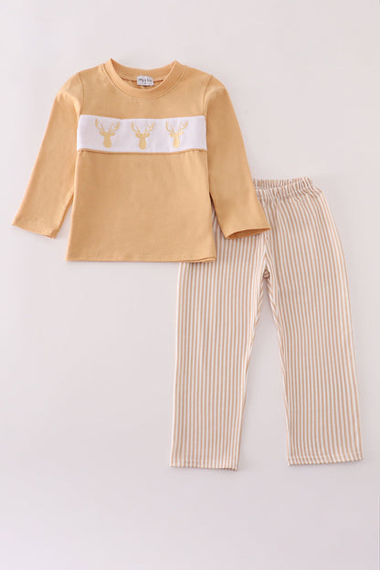Khaki deer embroidery stripe pants set