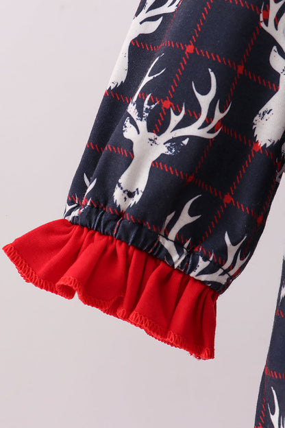 Navy deer print ruffle dress