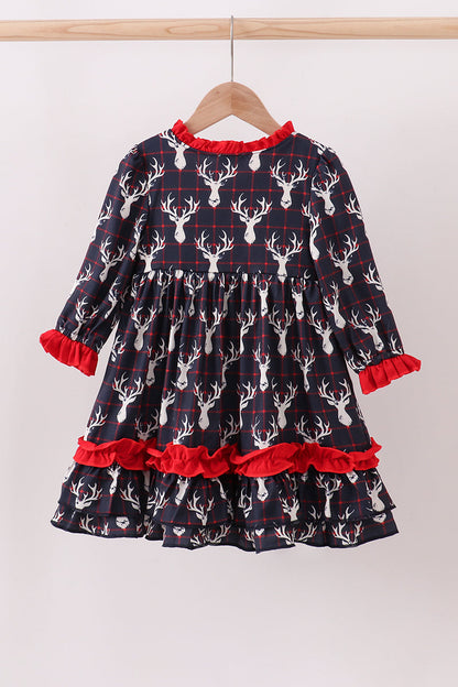 Navy deer print ruffle dress