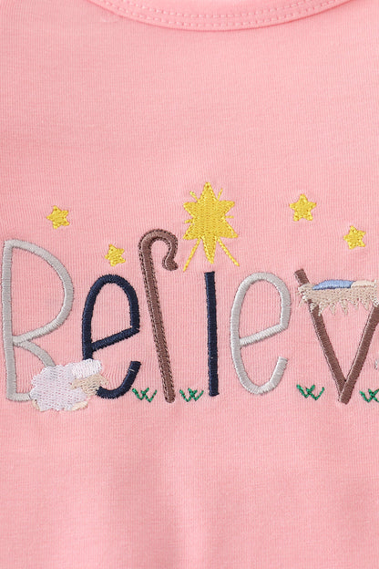 Pink believe embroidery ruffle romper