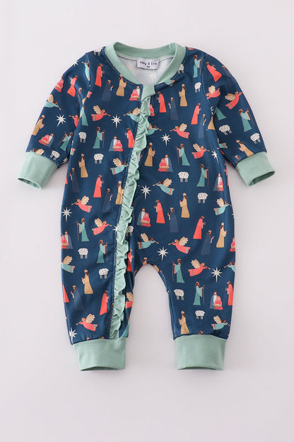 Navy nativity print ruffle romper