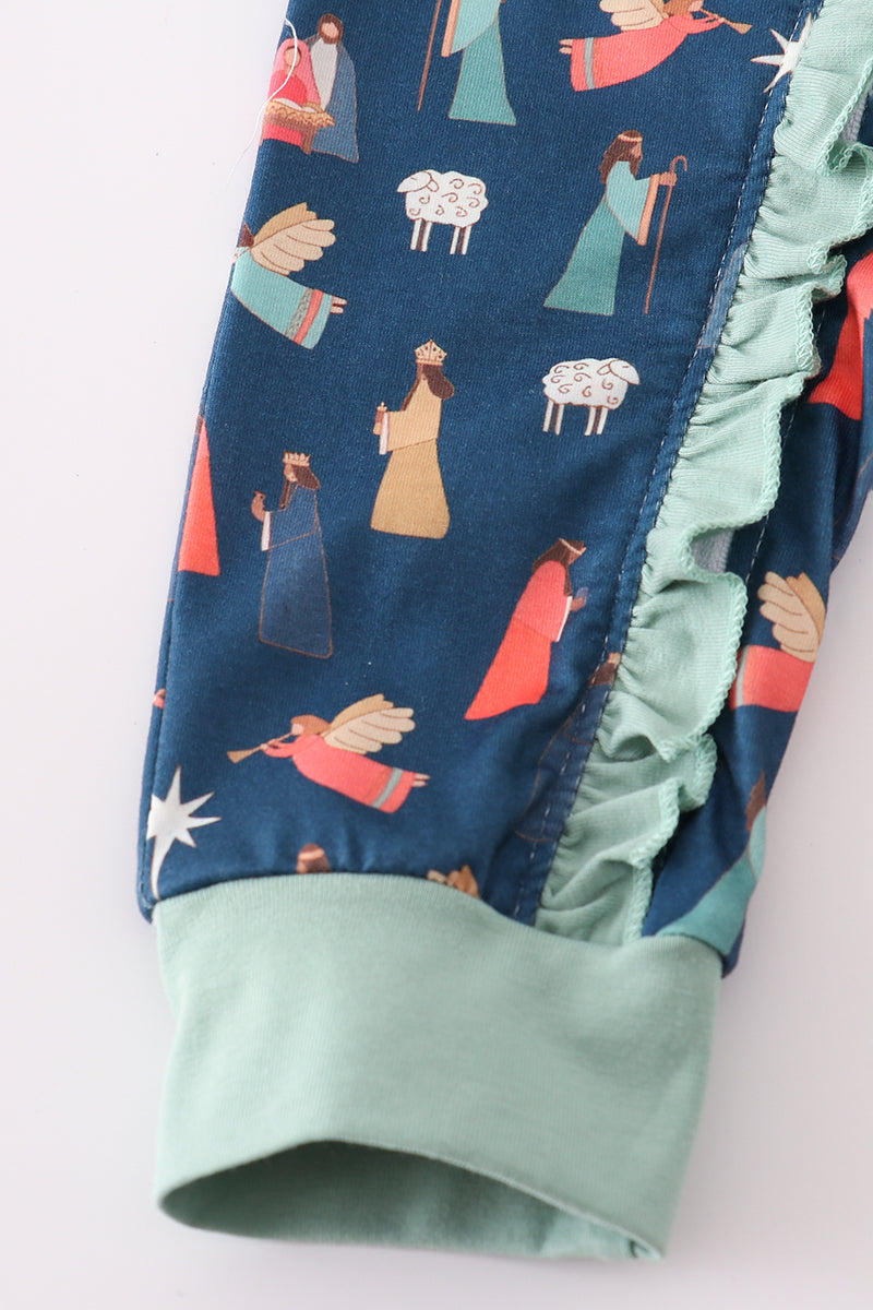 Navy nativity print ruffle romper