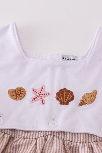 Brown Shell Starfish Embroidered Seersucker Dress
