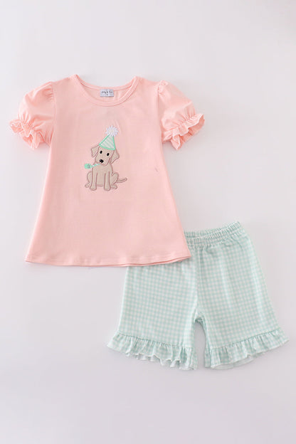 Pink puppy birthday applique girl set