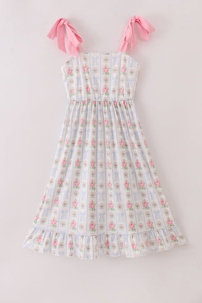 Tea floral bow ruffle women dress