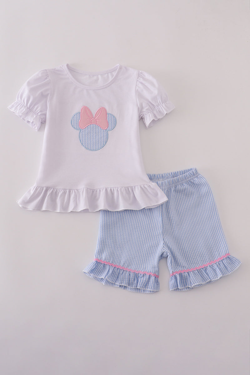 Blue character applique bow ruffle shorts set