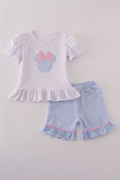 Blue character applique bow ruffle shorts set