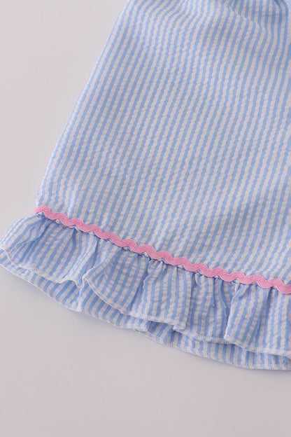 Blue character applique bow ruffle shorts set