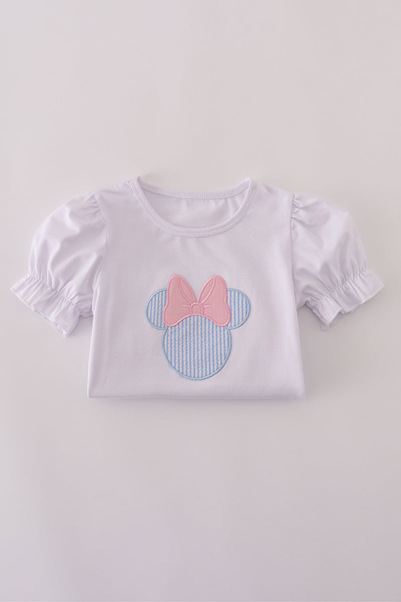 Blue character applique bow ruffle shorts set