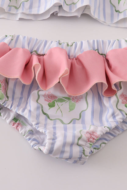 Floral stripe ruffle 2pc swimsuit UPF50+