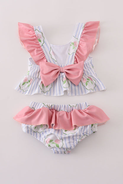 Floral stripe ruffle 2pc swimsuit UPF50+