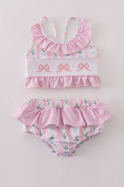 Pink bow embroidery 2pc swimsuit set UPF50+