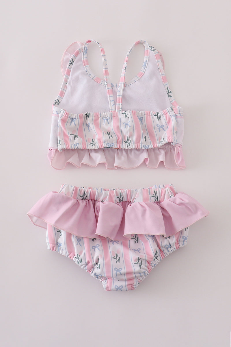 Pink bow embroidery 2pc swimsuit set UPF50+