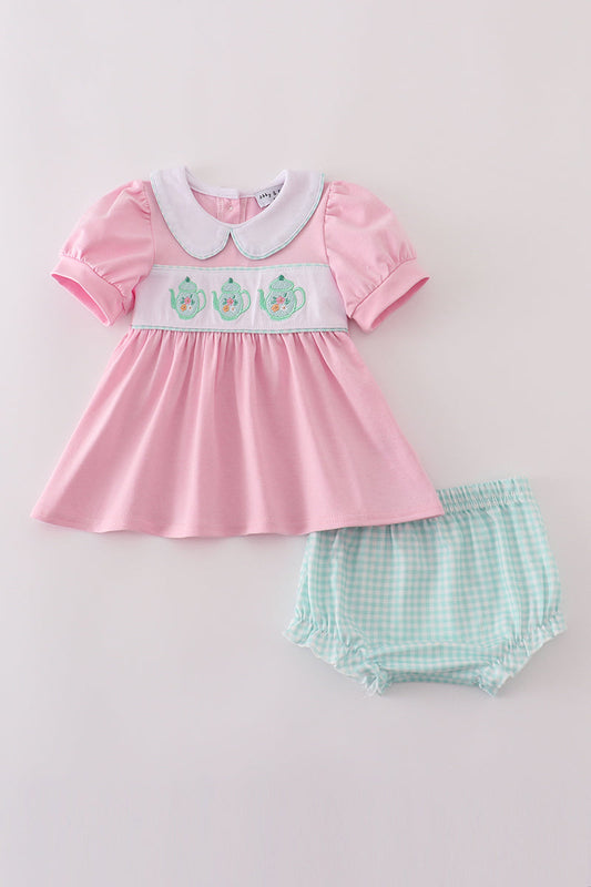 Pink teapot embroidery puff sleeve bloomer set