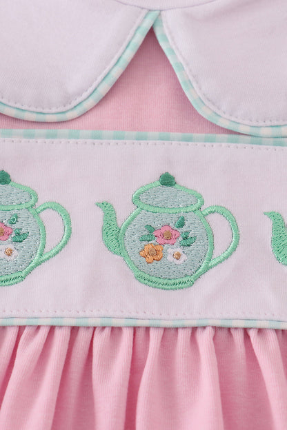Pink teapot embroidery puff sleeve dress