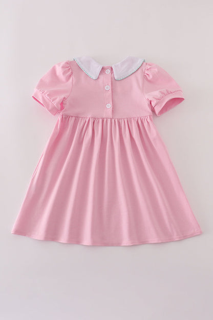 Pink teapot embroidery puff sleeve dress