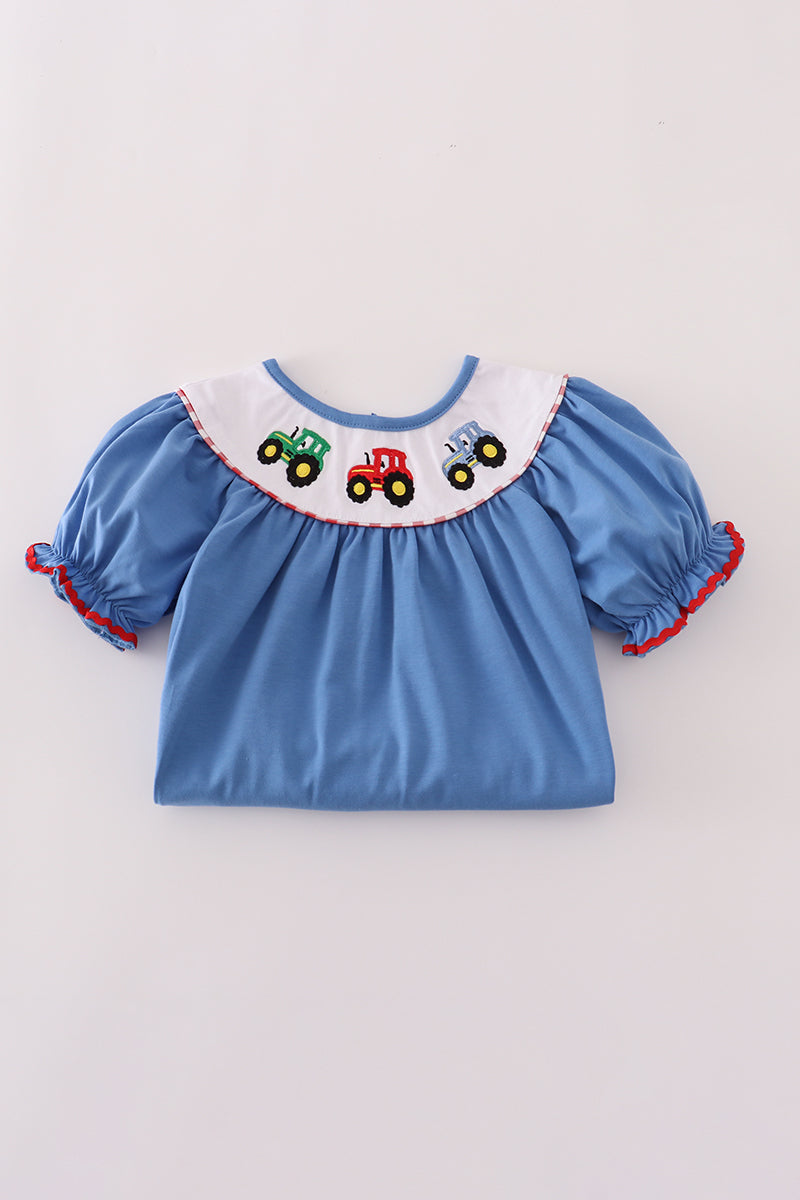 Blue tractor embroidery dress