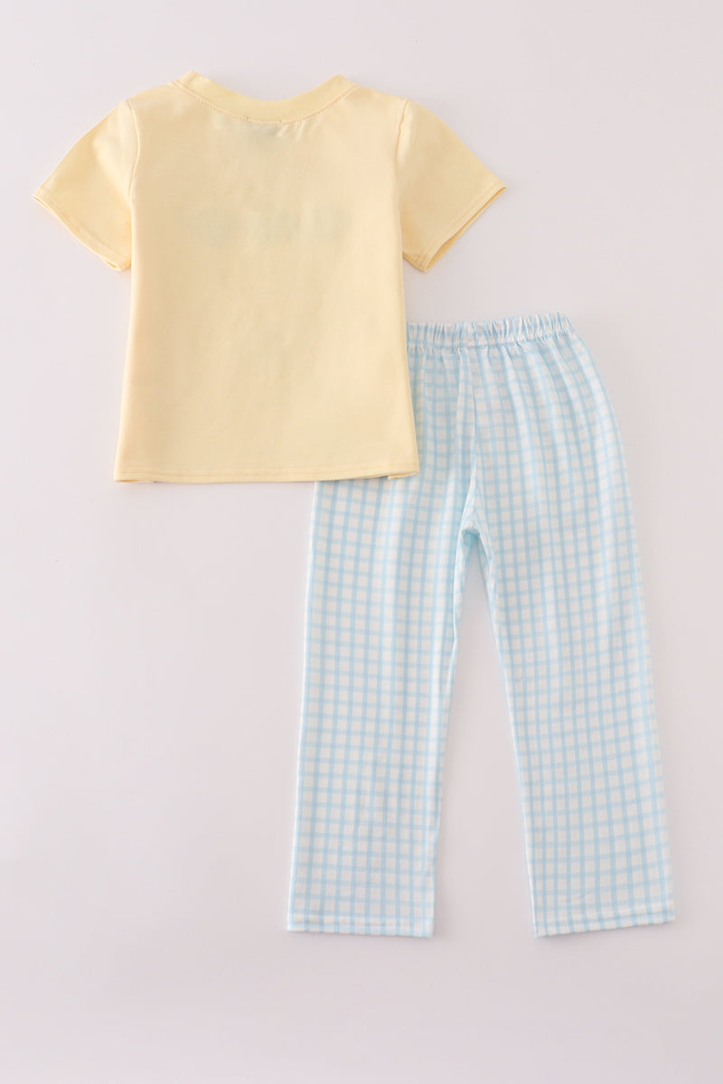 Yellow puppy embroidery gingham pants set
